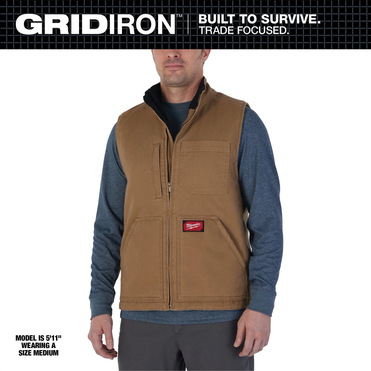 Milwaukee 801B-L Heavy Duty Sherpa-Lined Vest black work vest worn as a zip-up outer layer for cool jobsite and workshop use