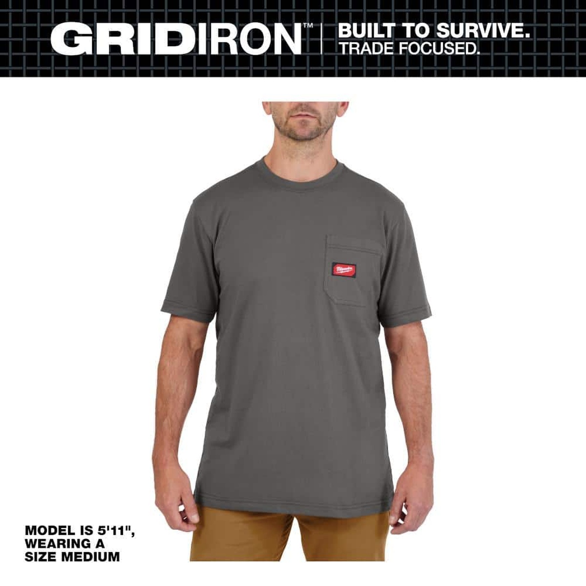Milwaukee GRIDIRON Pocket T-Shirt Short Sleeve, Gray, Large front view showing crew neck short sleeves and left chest pocket for everyday workwear use