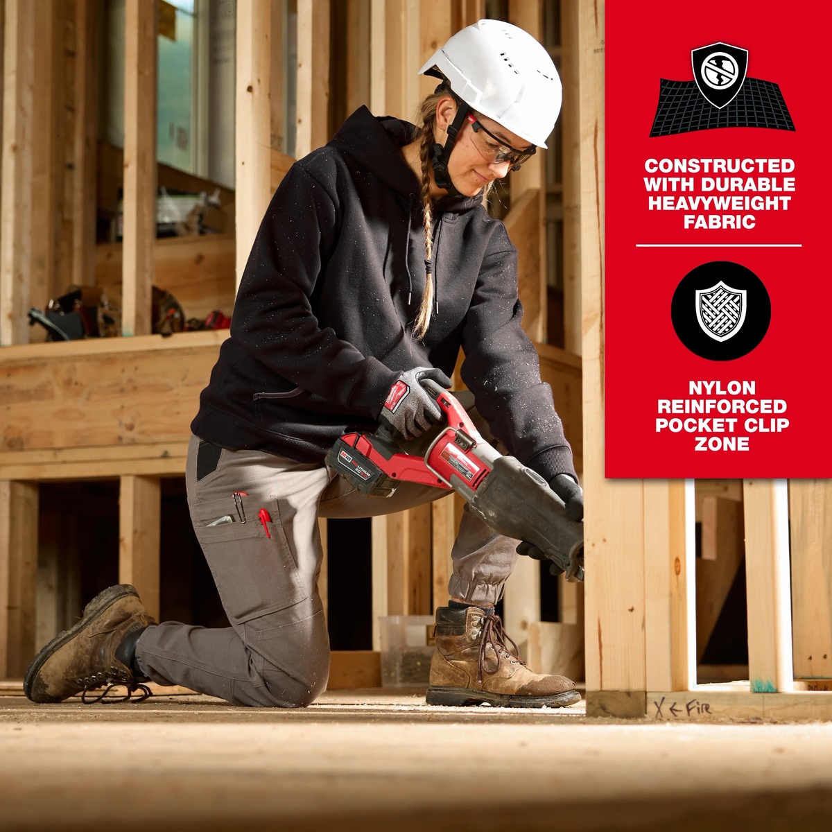 Milwaukee Women's GRIDIRON Double Knee Jogger Pants - Brown 12 worn on a framing jobsite while kneeling and cutting lumber indoors