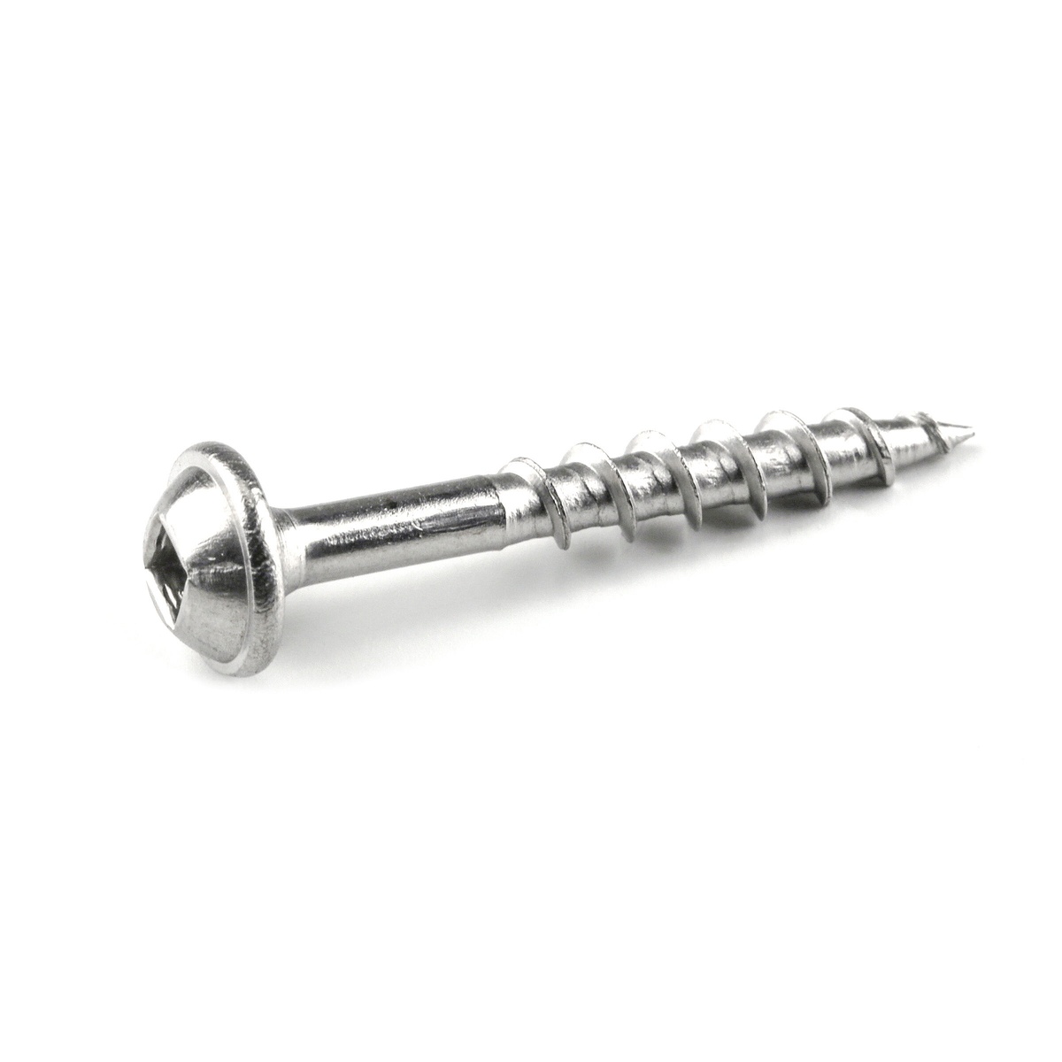 Kreg Stainless Steel Pocket-Hole Screws SML-C125S5-100 close-up showing washer head square drive and coarse threads for softwood and plywood joinery