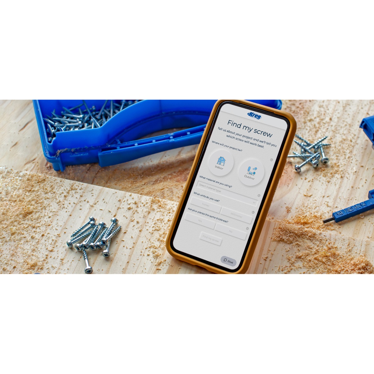 Kreg Stainless Steel Pocket-Hole Screws SML-C125S5-100 used for outdoor woodworking screw selection on a workbench with sawdust and pocket-hole fasteners