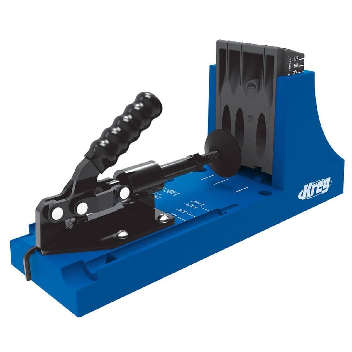 Kreg Pocket-Hole Jig K4 bench-style pocket hole jig shown with toggle clamp and three-hole drill guide for woodworking joinery setup on a workbench