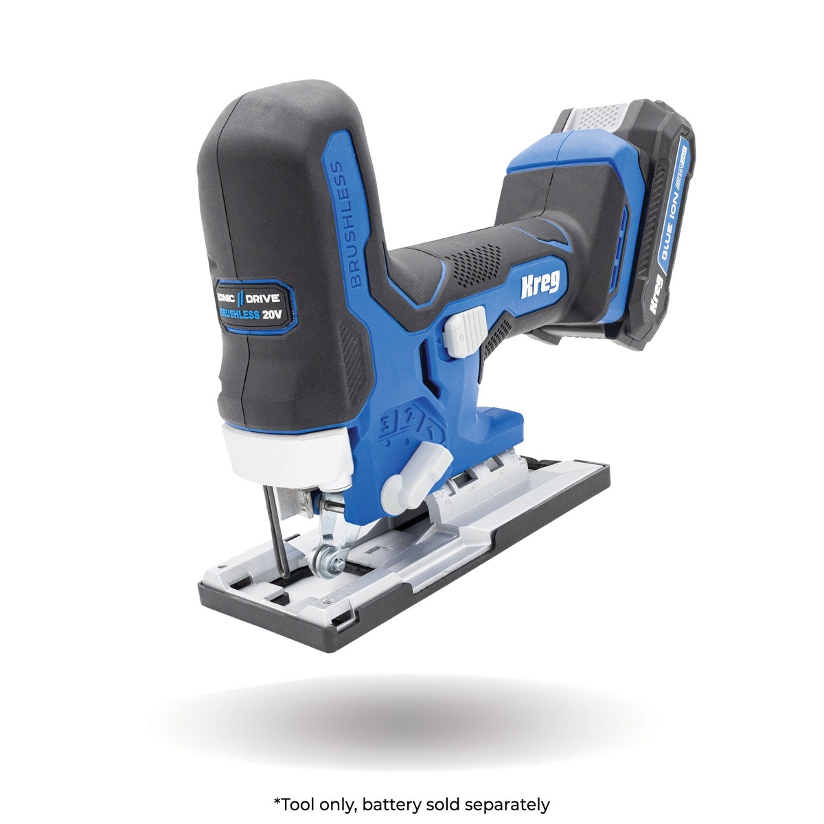 Kreg KPTJS100A 20V Ionic Drive Barrel Grip Jigsaw clean product view showing the barrel grip body, base, and blade area for precise woodworking and trim cutting tasks