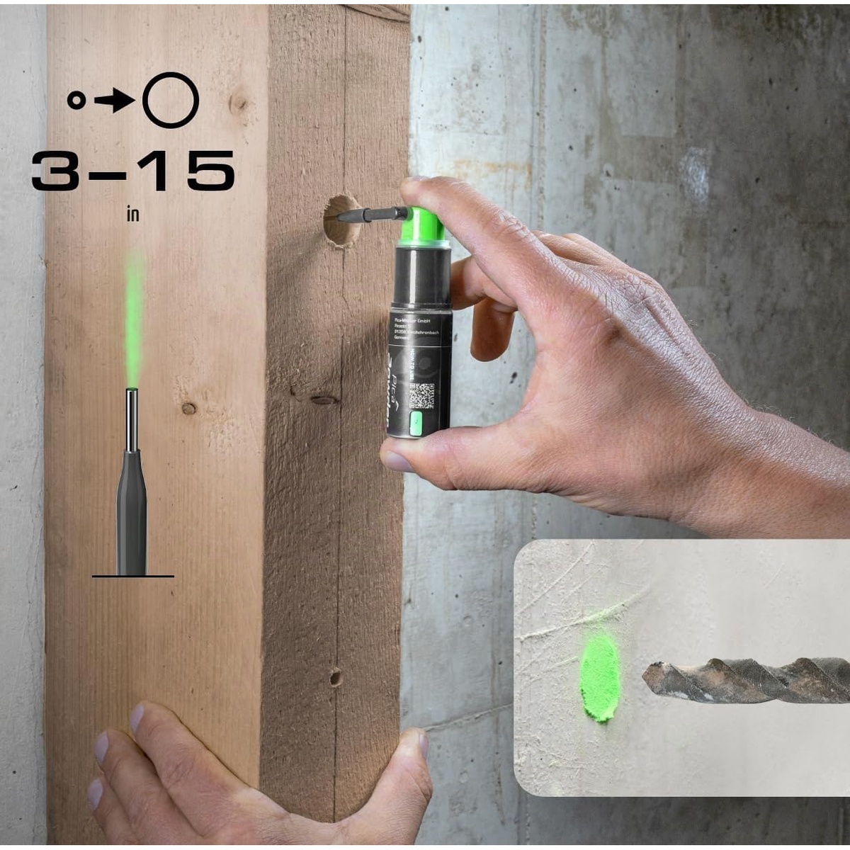 Pica 2020 Deep Hole Spray Marker marking through a drilled hole in wood on a construction surface for deep hole layout work