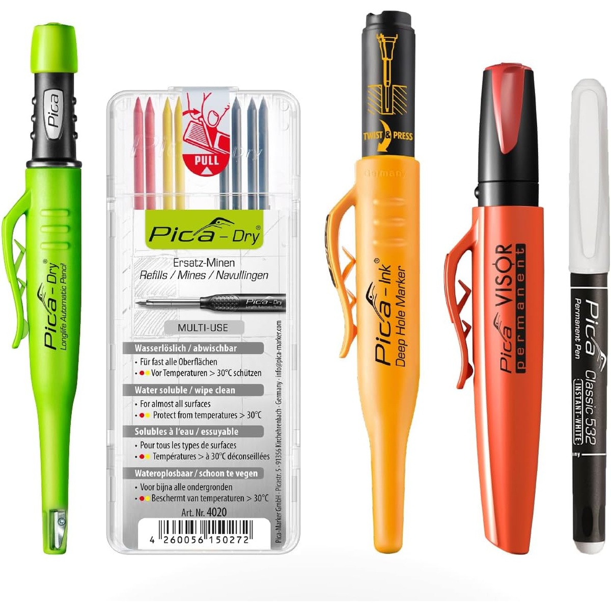 Pica 55060 Master Belt Pencil & Marker Set contents including Pica Dry pencil, refill leads, Pica Ink marker, red permanent marker, and white permanent pen for jobsite marking