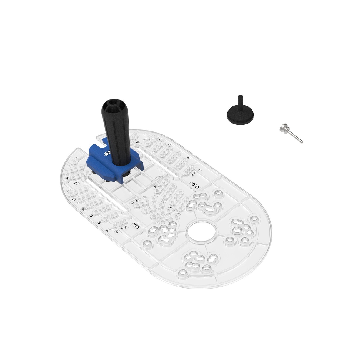 Kreg KRTBP100 Trim Router Base Plate with integrated handle and circle-cutting components on a clean workshop product layout for trim router accessory setup
