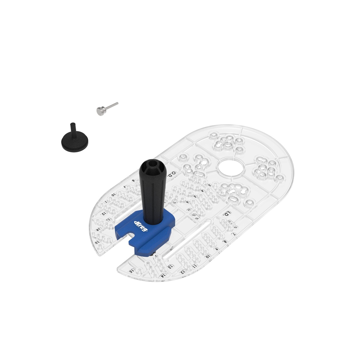 Kreg KRTBP100 Trim Router Base Plate accessory parts including base plate, handle, and pivot hardware for circle cutting and woodworking routing tasks