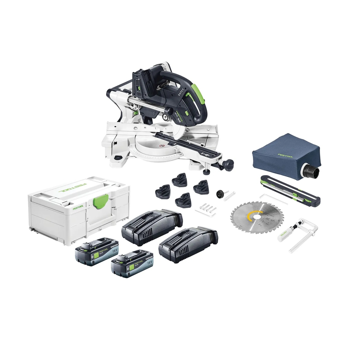 Festool KSC 60 EB 8,0 I-Plus cordless sliding compound miter saw kit shown with saw, two 18V batteries, two chargers, blade, dust bag, and Systainer for mobile trim and crosscut work