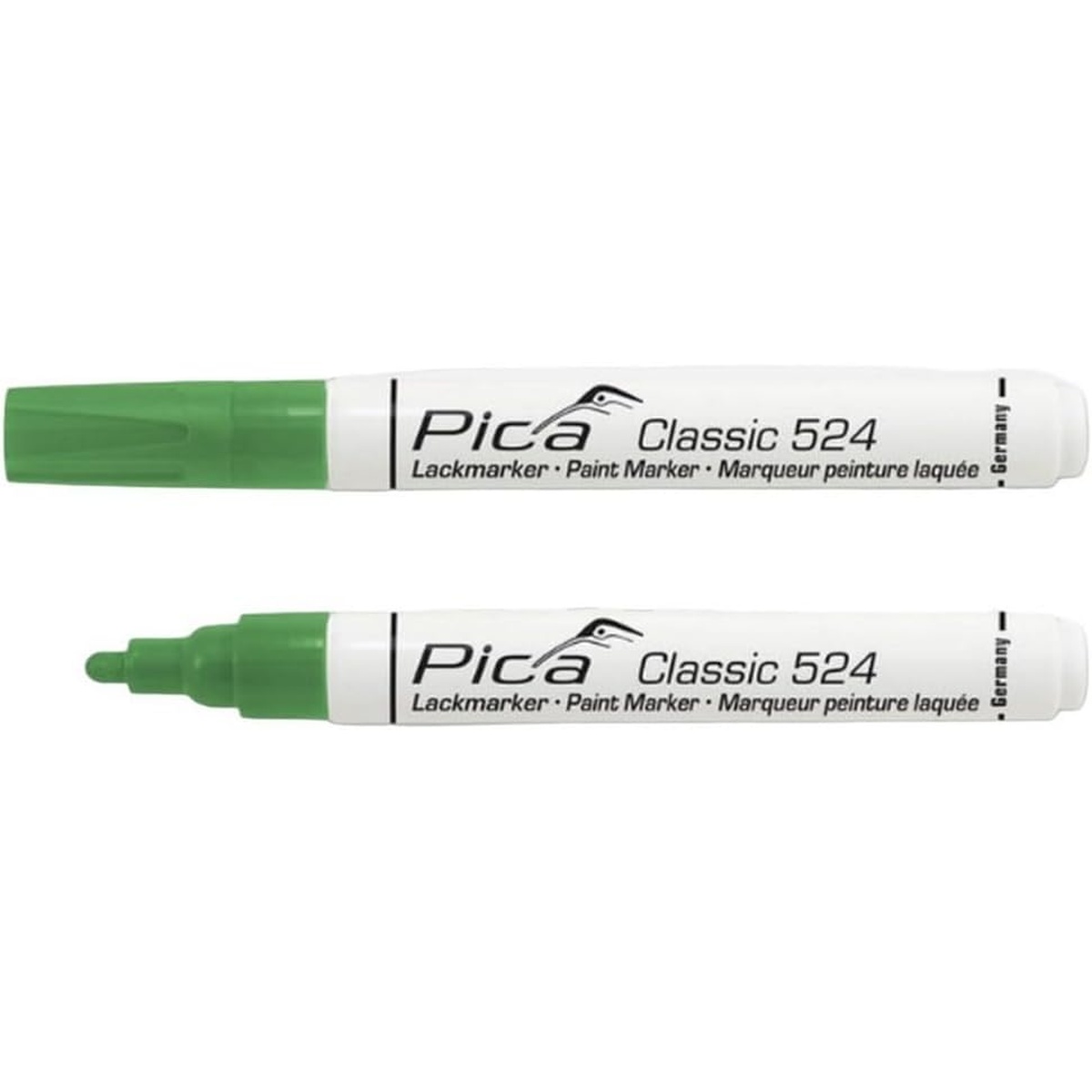 Pica 524/36 Green Paint Marker capped and uncapped for fine paint marking in shop and jobsite layout work