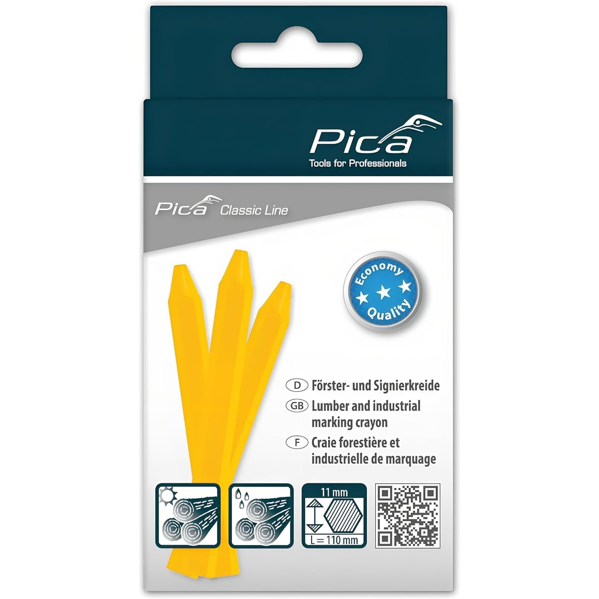 Pica 591/44 Yellow Marking Crayon retail pack showing industrial marking crayon for lumber and jobsite layout work on dry and wet materials