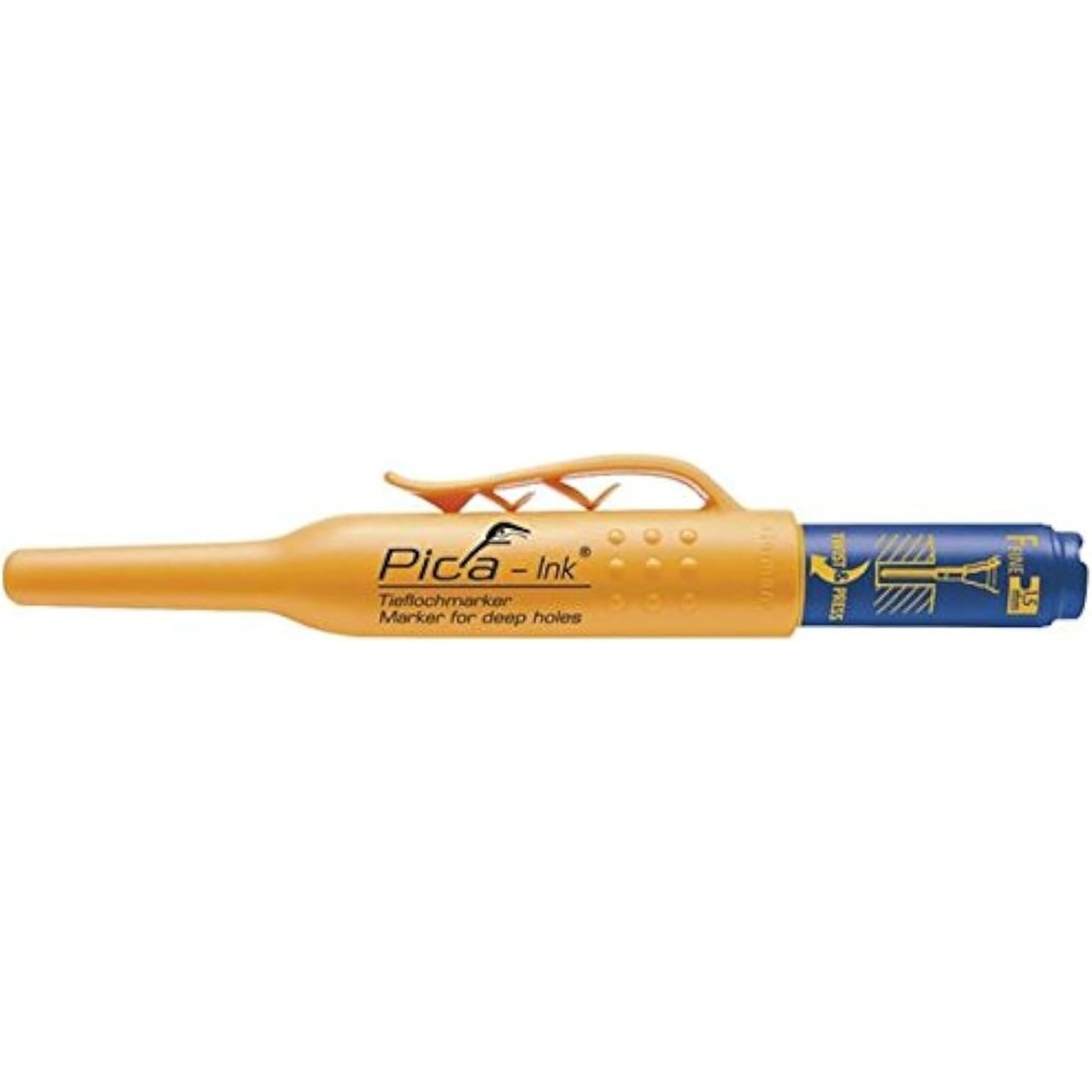 Pica 150/41/SB Blue Ink Marker For Deep Hole with extended stainless steel tip and quiver holder for marking inside narrow holes and tight jobsite spaces