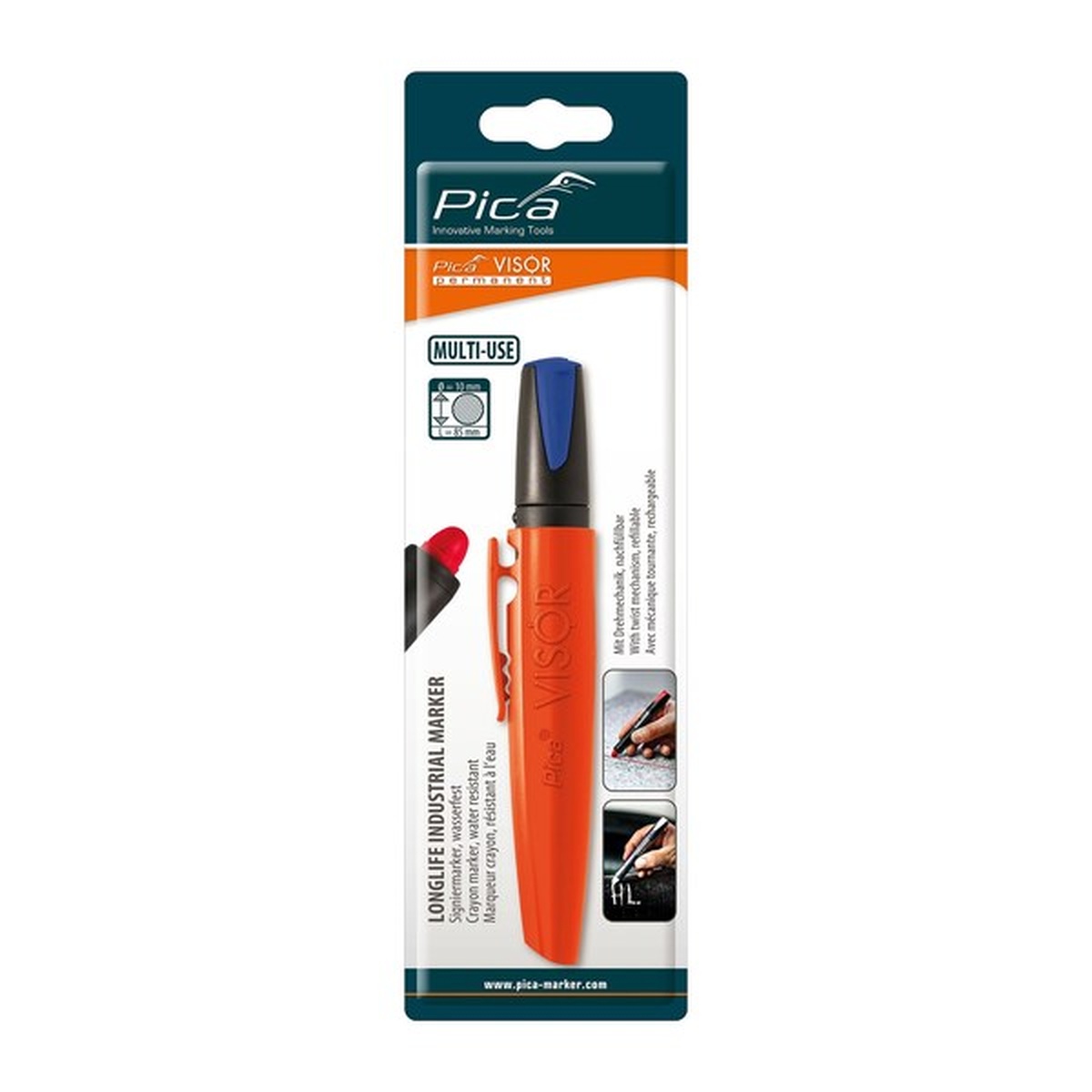 Pica 990/41/SB Visor Permanent Marker retail package showing the refillable industrial marker with quiver cap for everyday contractor carry