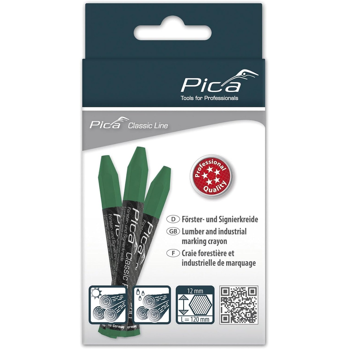 Pica 590/36 Green Marker 12-Pack packaging with lumber and industrial marking crayon details for wood marking applications
