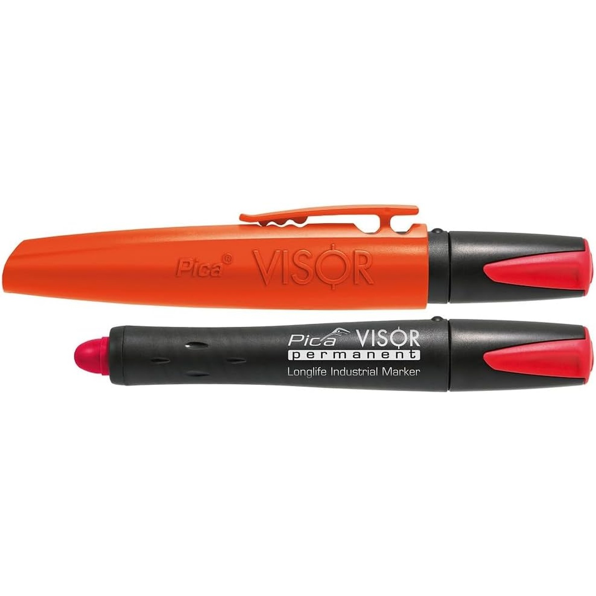 Pica 990/52/SB Visor Permanent Marker with quiver cap removed to show the refillable industrial marker body and cap system