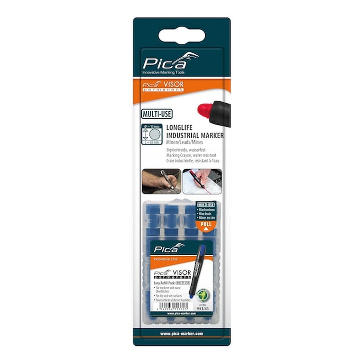 Pica 991/41/SB Visor Permanent Refills 4-Pack in retail packaging for multi-surface jobsite marking on wood, metal, concrete, tile, and pvc pipe