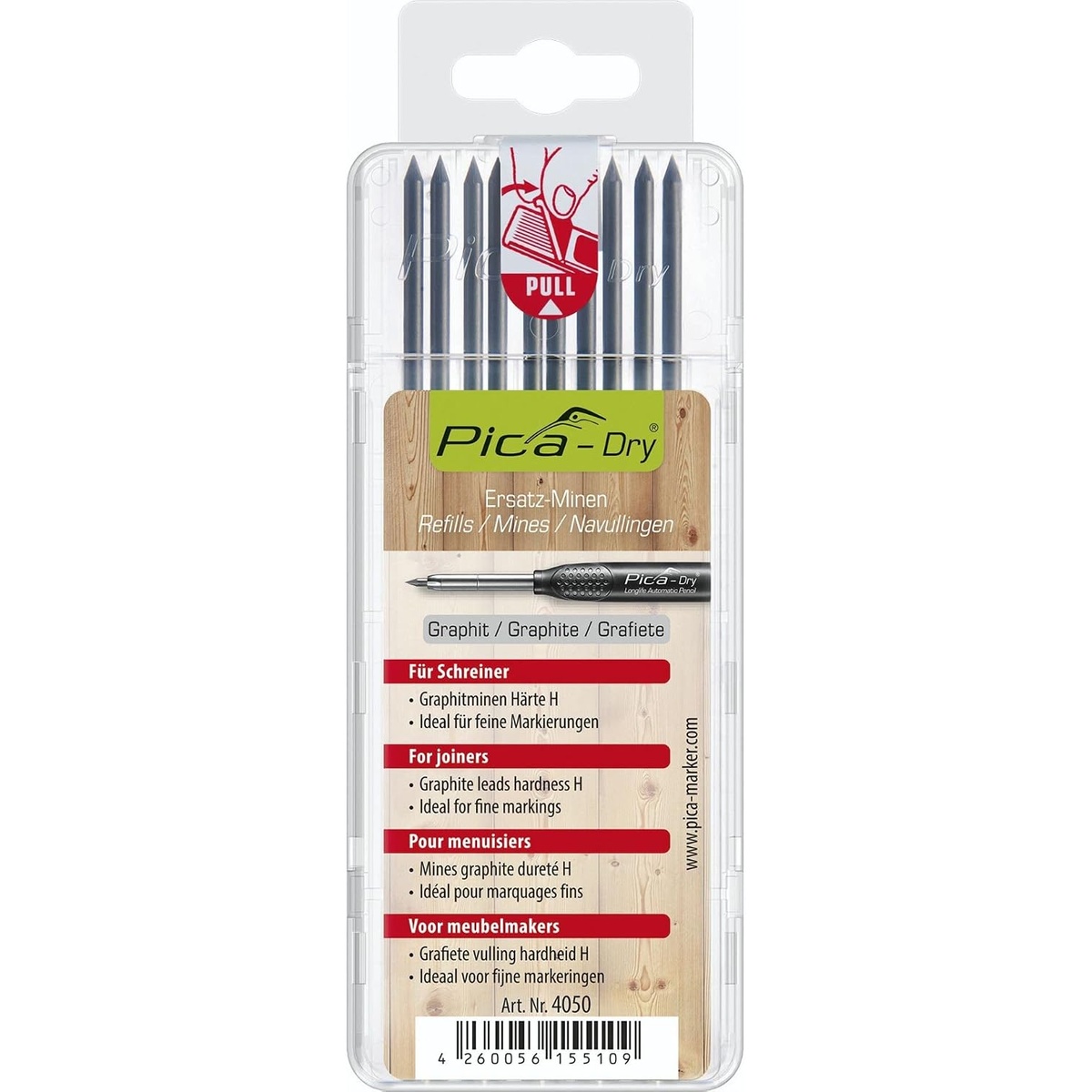 Pica 4050/SB Replacement Refills, 10-Pack graphite refill leads in storage case for Pica Dry marker used for fine marking in woodworking and joinery