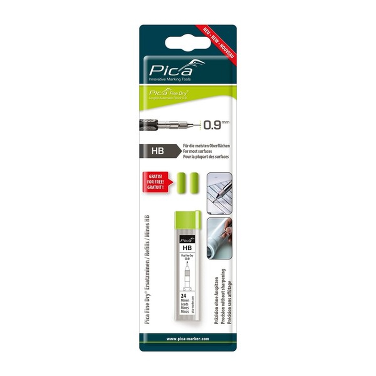 Pica Dry 7030 Fine Dry Set of 24 HB Graphite Refill Leads retail pack showing 0.9 mm HB refill leads for the Pica Fine Dry marker system