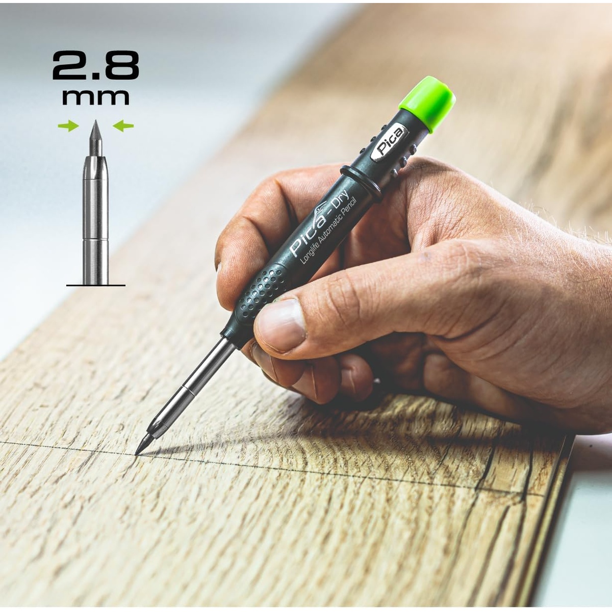 Pica 30404 Dry Bundle Longlife Automatic Pencil marking a layout line on a wood board during woodworking setup