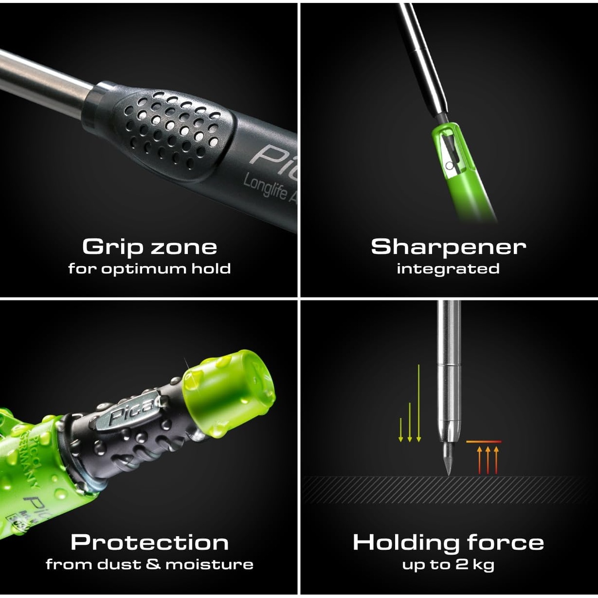 Pica 30404 Dry Bundle Longlife Automatic Pencil showing grip zone integrated sharpener and dust and moisture protection details