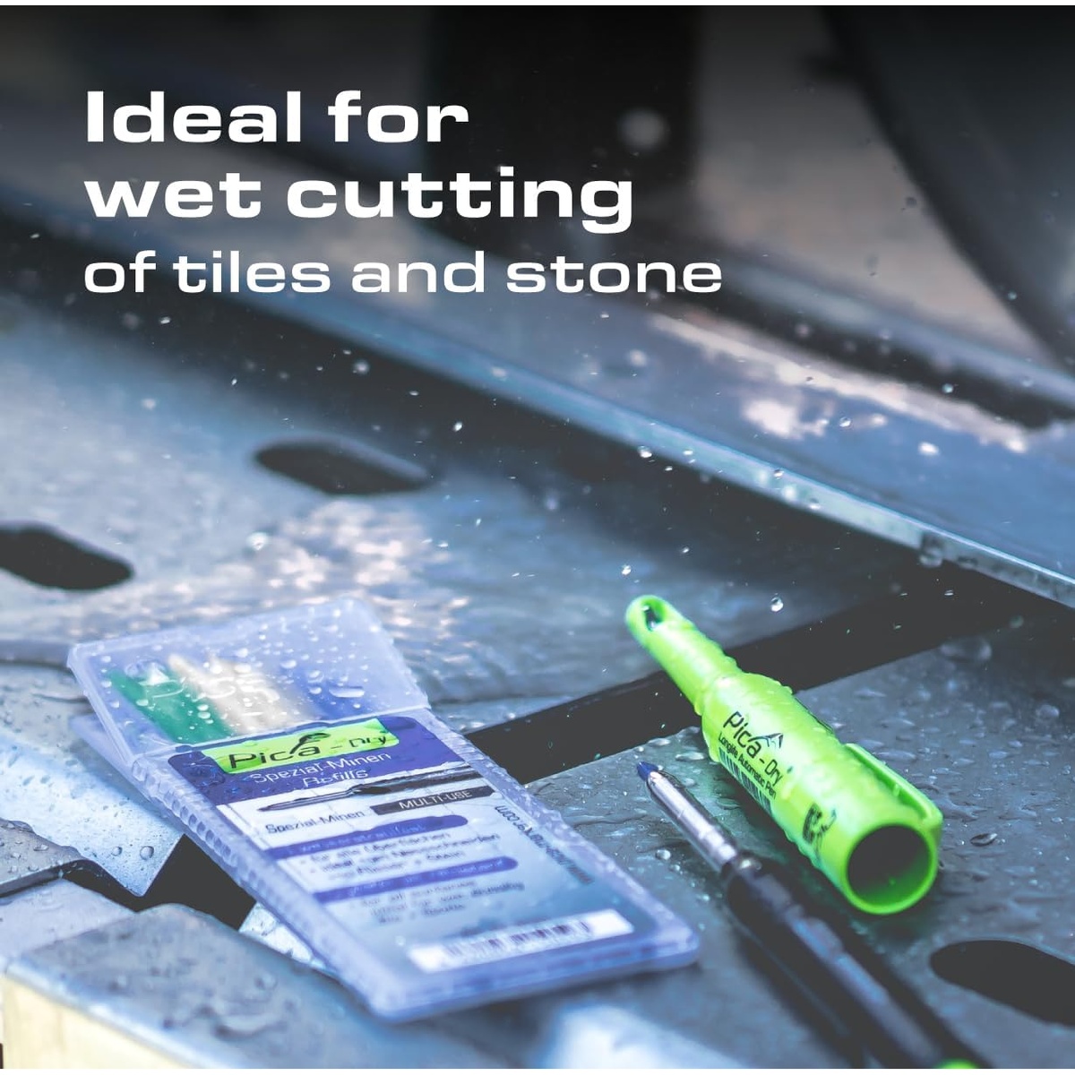 Pica 30404 Dry Bundle refill leads and pencil used around a wet tile saw for tile and stone cutting work