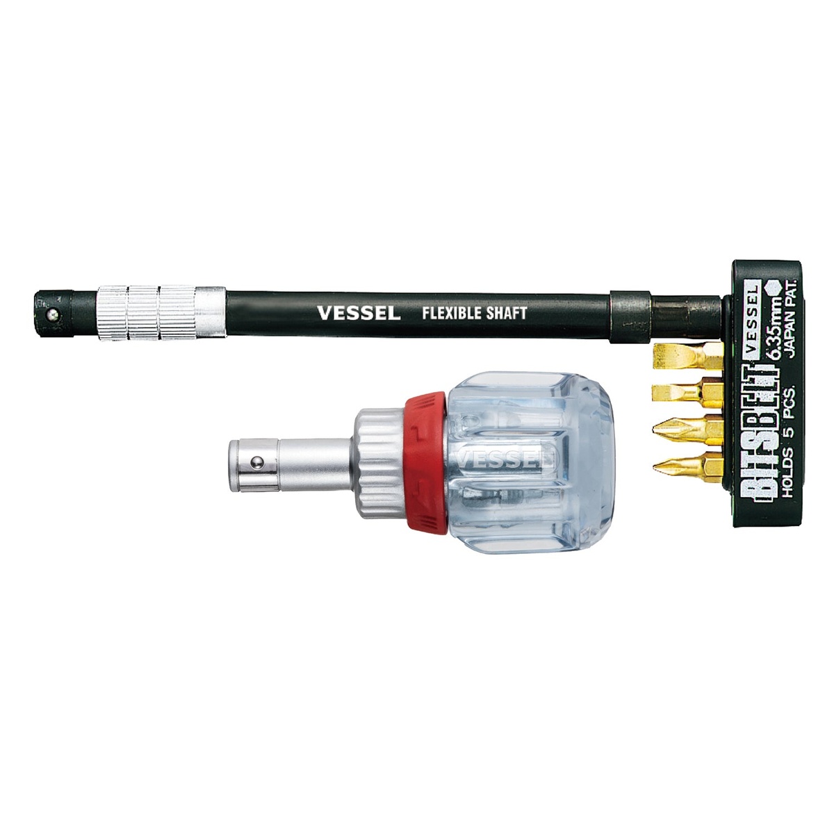 Vessel TD6700FX4U Ratcheting Stubby Screwdriver With Flexible Shaft shown with stubby handle, flexible shaft, and included bits for tight-space fastening and service work