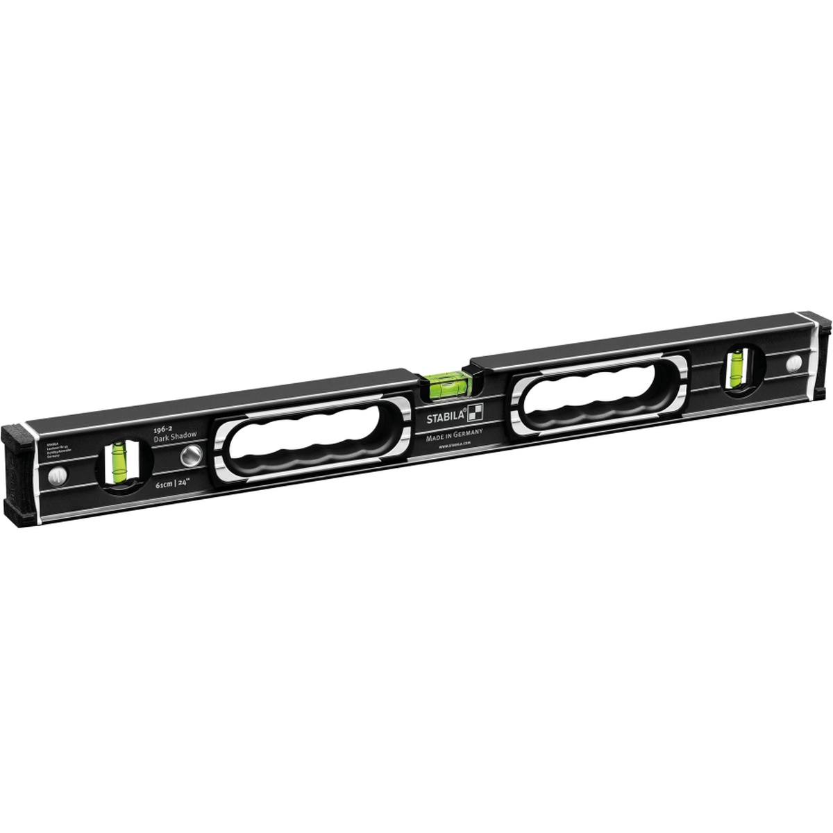 Stabila 37400 Level Set 196-2 Dark Shadow 24 inch spirit level close-up showing bright vials, hand-grip openings, and shock-protected ends on a clean background