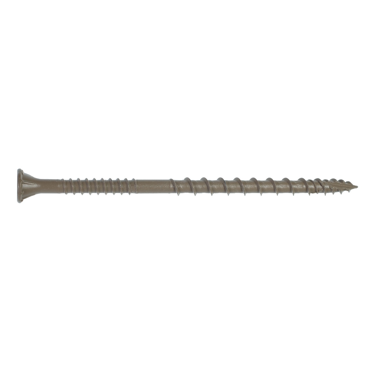 Simpson Strong-Tie DSVT3R770 Deck-Drive DSV Wood Screw close-up showing the thread pattern, flat head, and tip for exterior wood fastening
