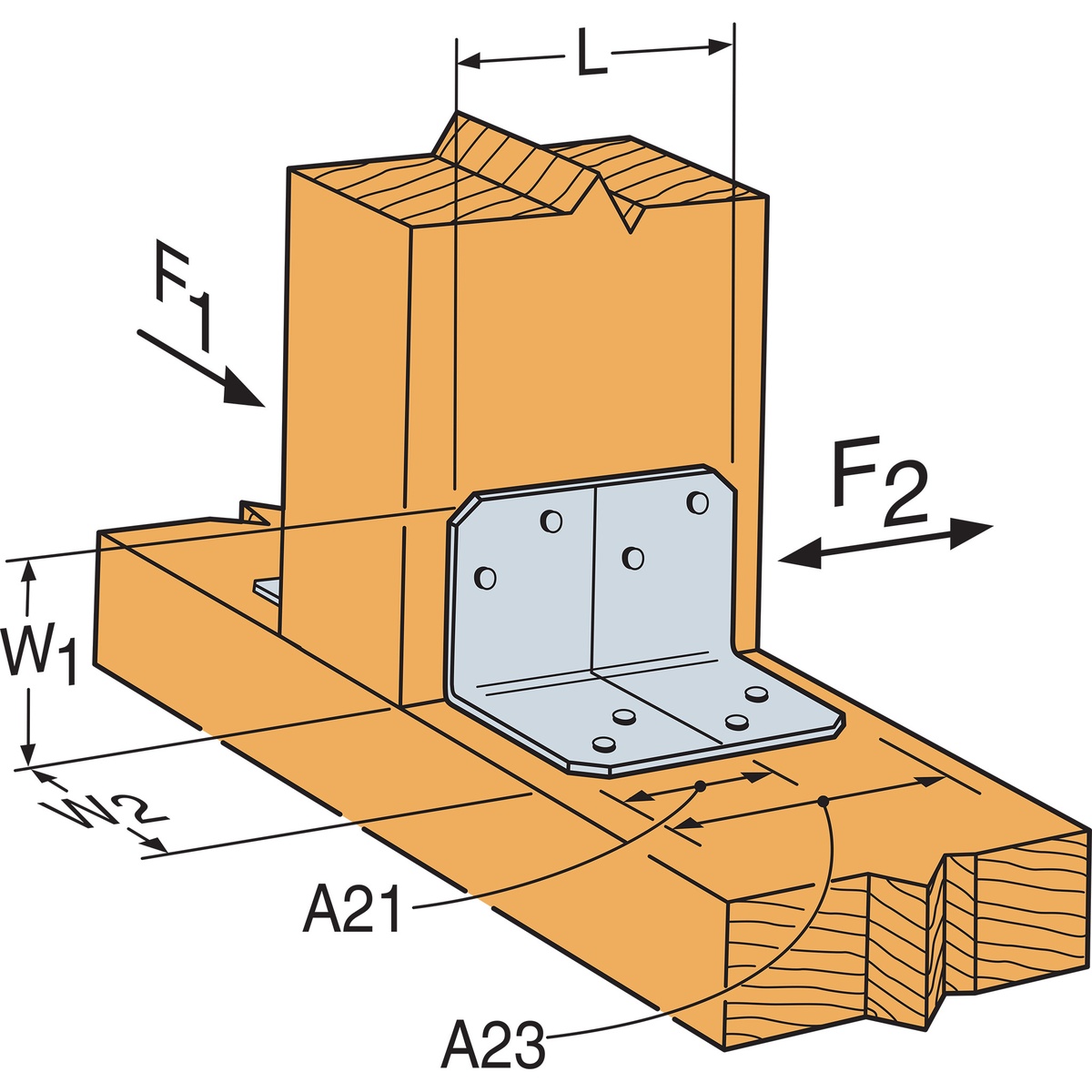 Simpson Strong-Tie A23 Angle installation illustration showing the framing angle mounted at a wood post to base 90 degree connection with dimension references