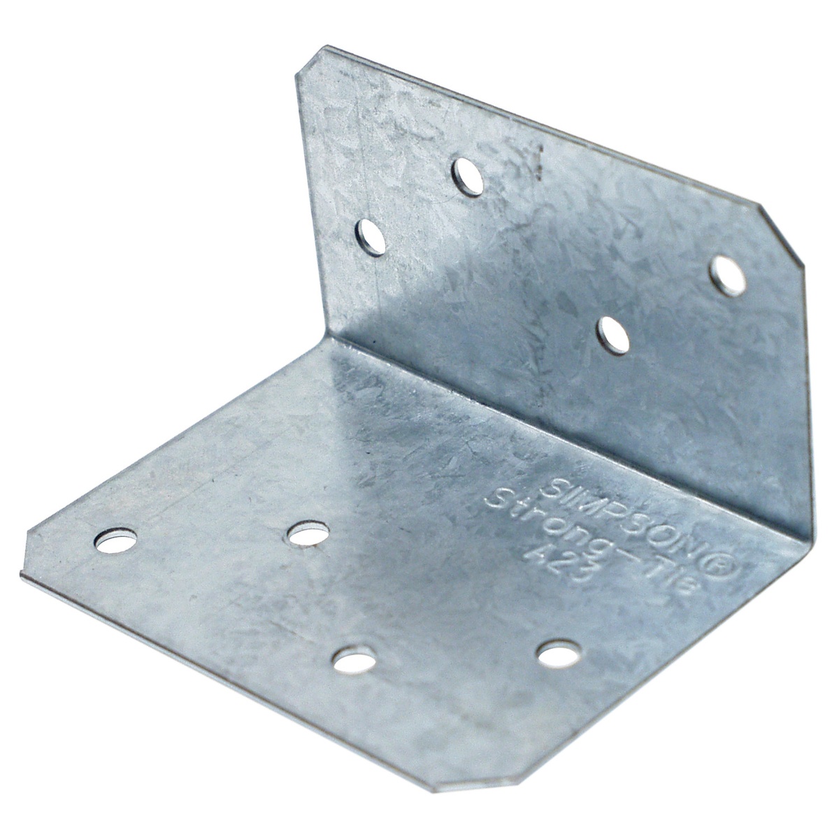 Simpson Strong-Tie A23 Angle galvanized framing angle shown as a clean product view for wood-to-wood 90 degree fastening and corner reinforcement