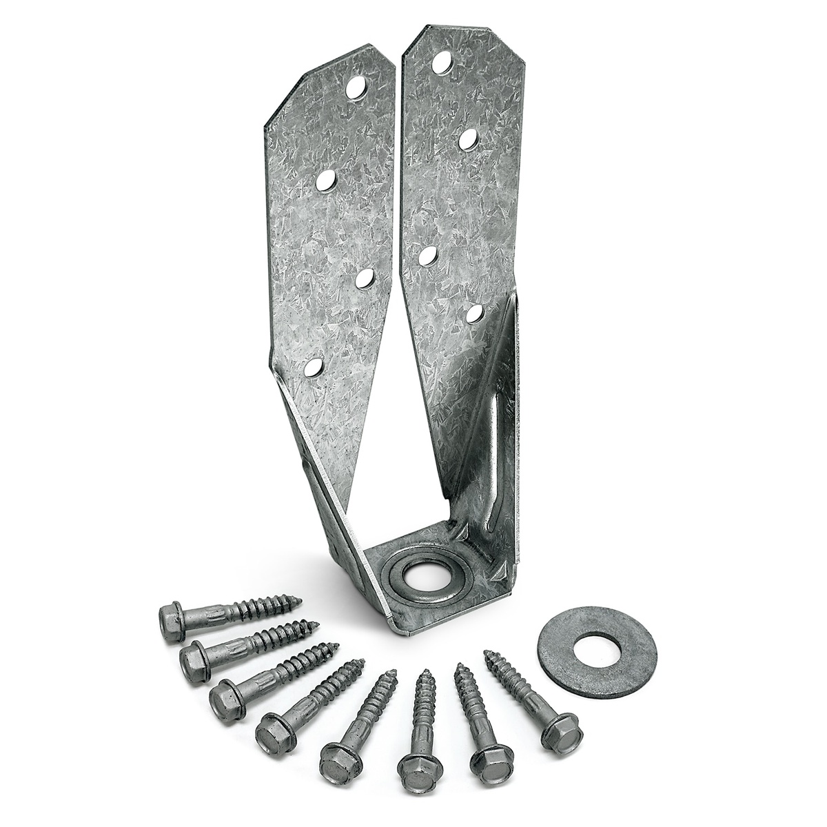 Simpson Strong-Tie DTT2Z Deck Tension Tie with included Strong-Drive SDS screws shown for deck railing and framing connection hardware on an exterior wood deck project