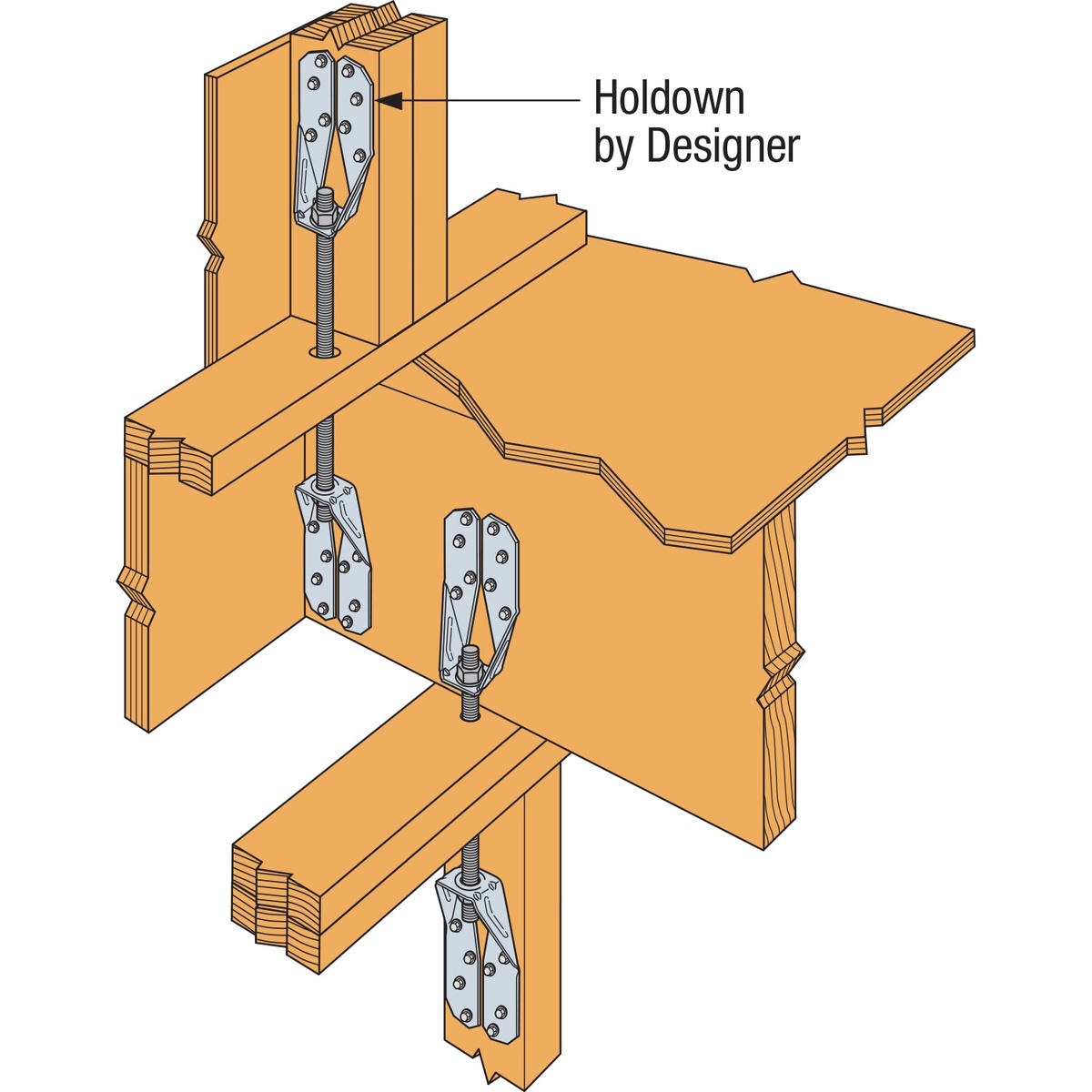 Simpson Strong-Tie DTT2Z Deck Tension Tie application drawing showing wood framing holdown placement for deck structural reinforcement