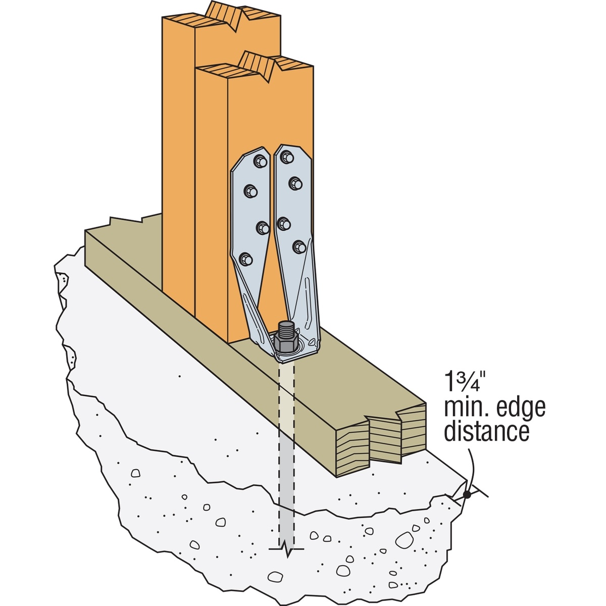 Simpson Strong-Tie DTT2Z Deck Tension Tie illustrated on a wood post and framing member showing installation layout for deck anchoring and structural edge clearance