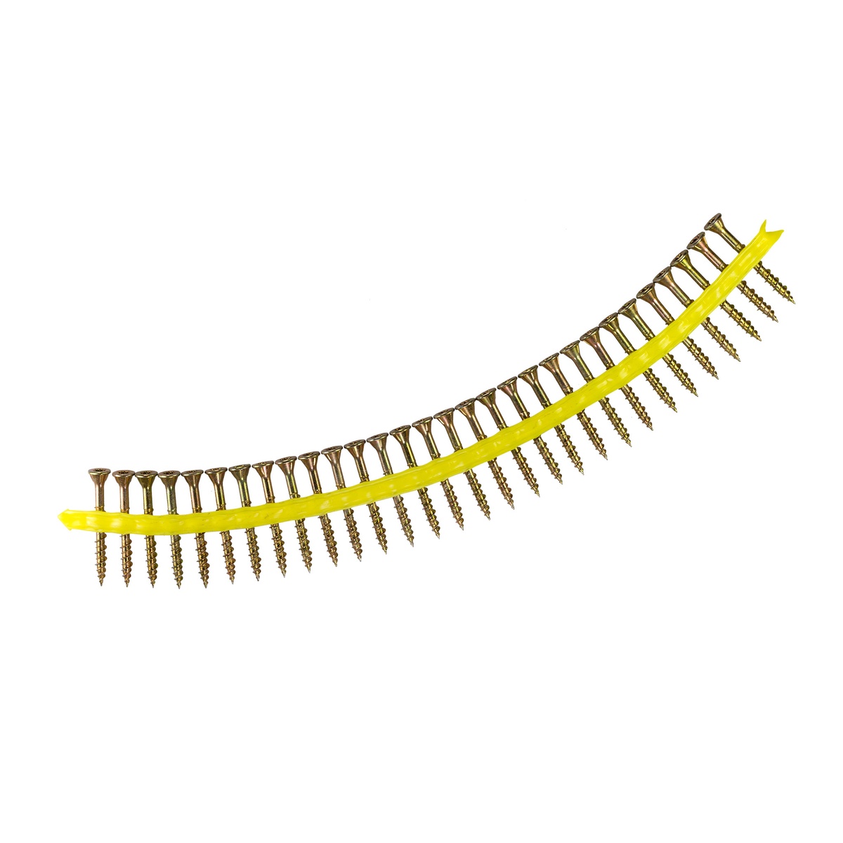 Simpson Strong-Tie Strong-Drive Subfloor Collated Screw strip showing collated yellow-zinc screws for Quik Drive subfloor fastening