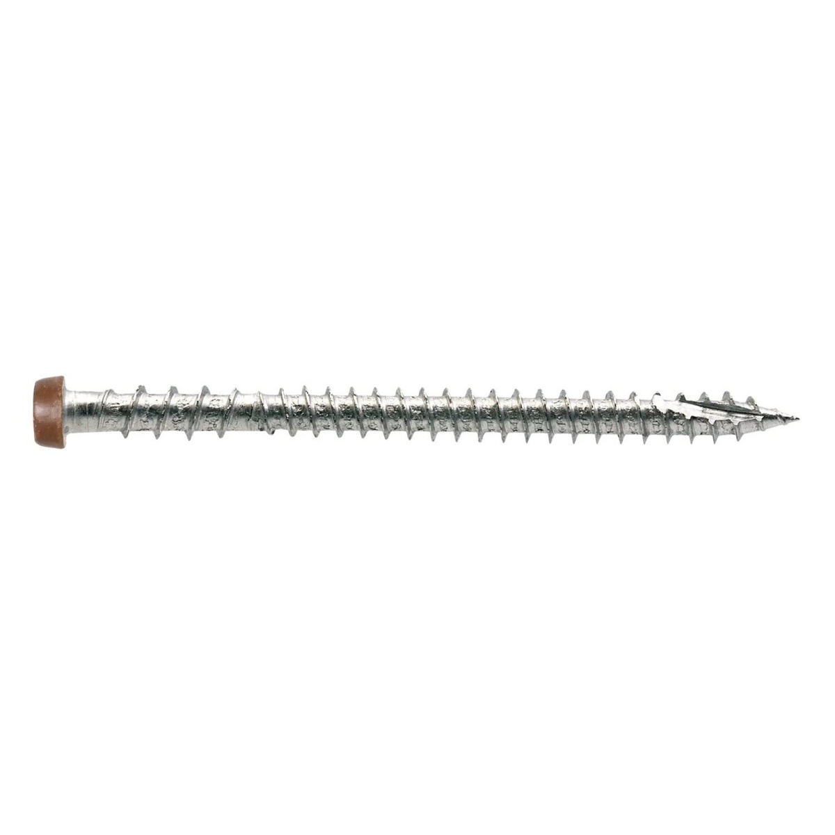 Simpson Strong-Tie Deck-Drive DCU COMPOSITE Collated Screw DCU234S316TN01 shown in close-up product view, highlighting the tan cap head, threaded shank, and cut point used for fastening composite decking boards in outdoor deck construction