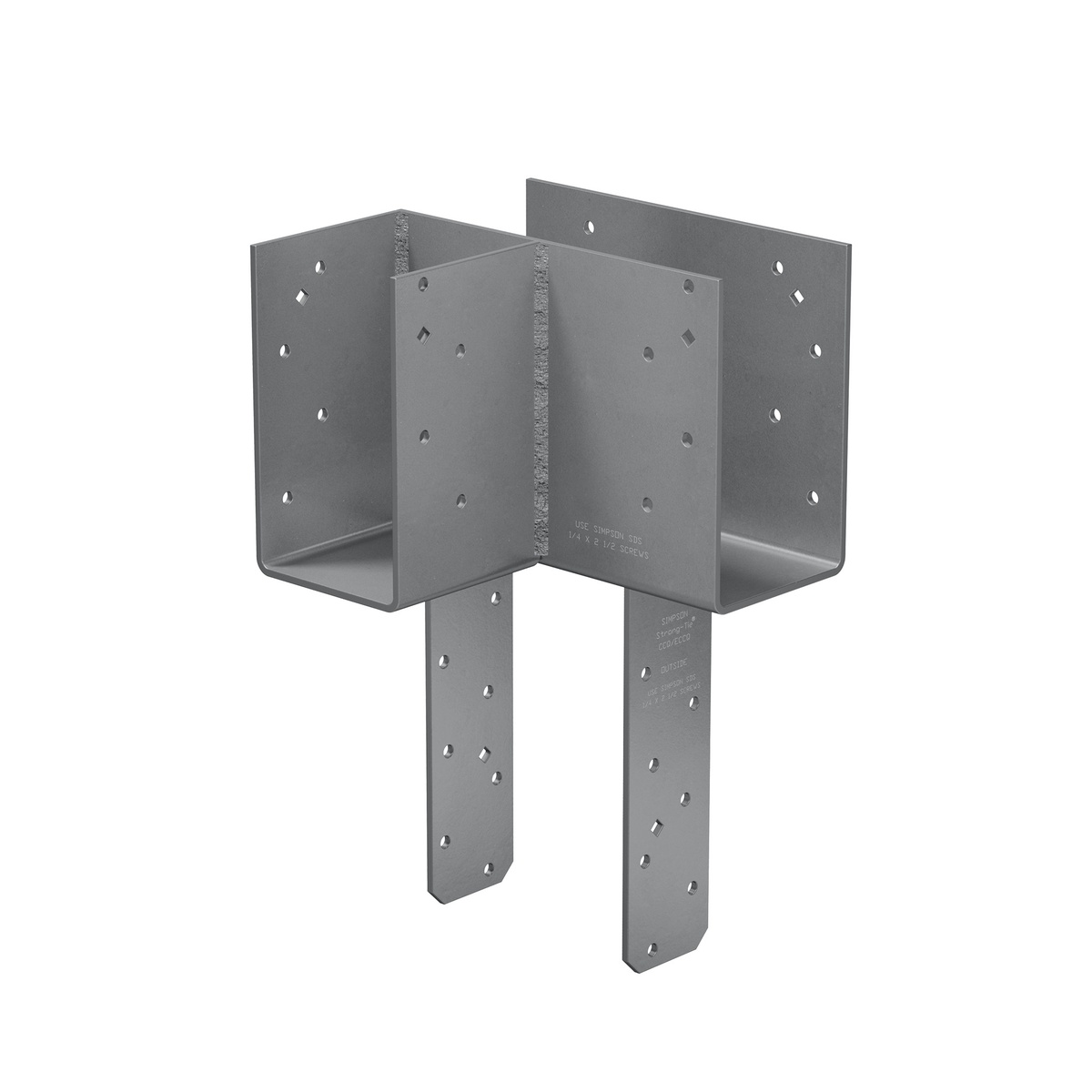 Simpson Strong-Tie ECCLRQ464SDS end column cap product view showing steel body, welded corner, and screw hole layout for wood beam and post fastening