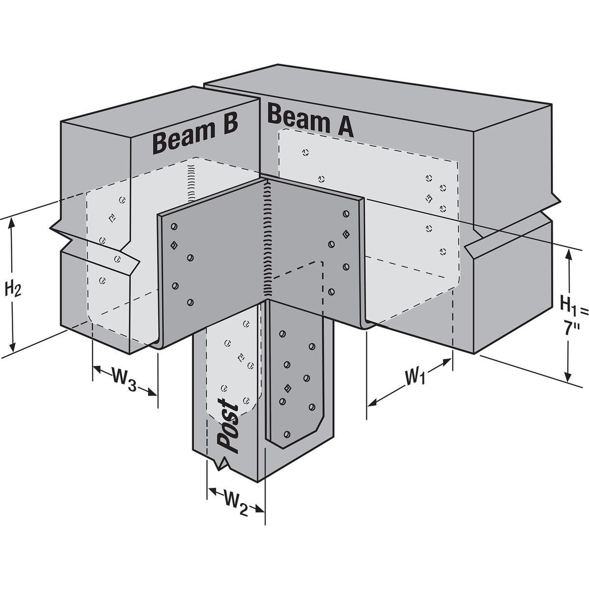 Simpson Strong-Tie ECCLRQ464SDS end column cap shown in an installed beam-to-post L-shaped wood framing connection with one main beam and one side beam over a post