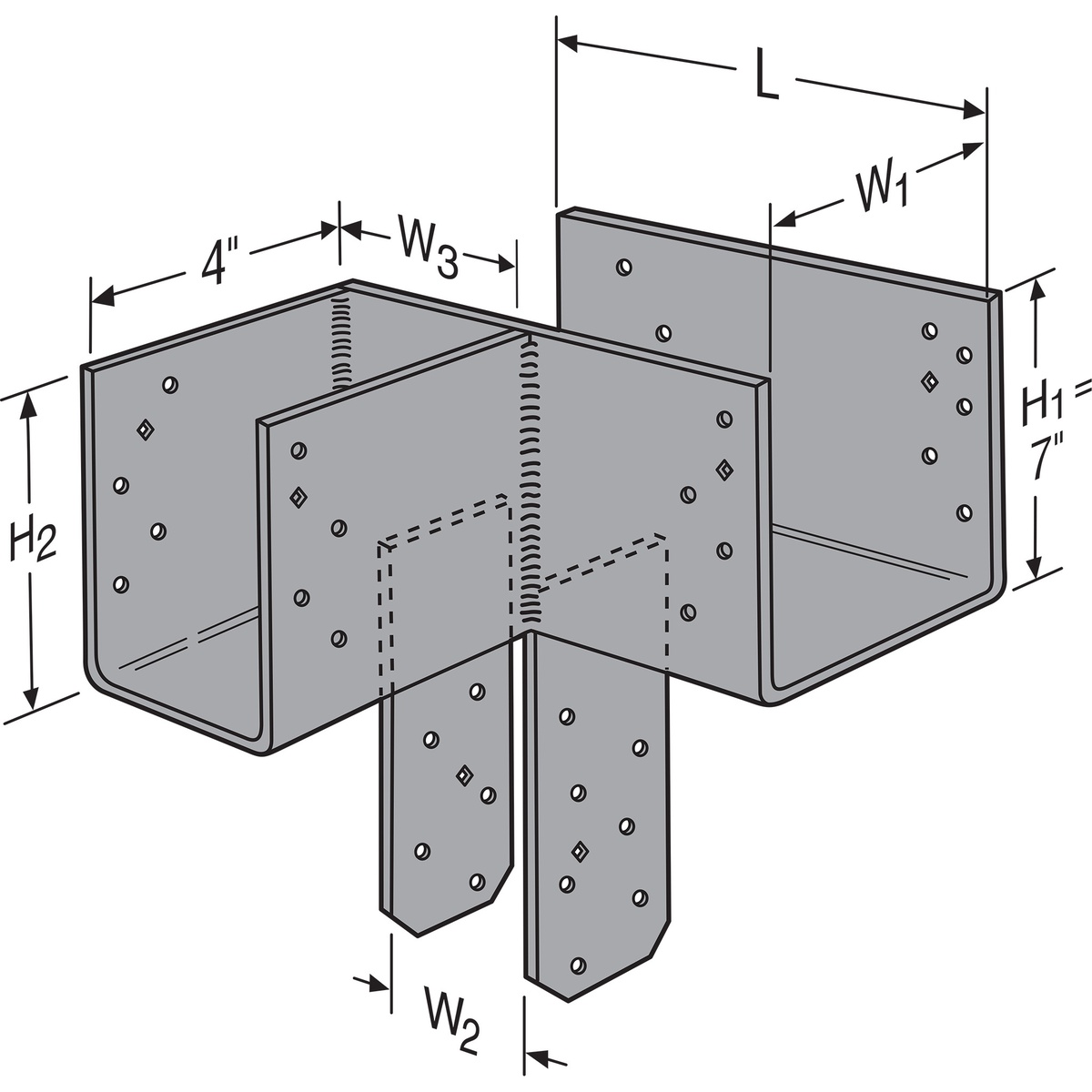 Simpson Strong-Tie ECCLRQ464SDS end column cap engineering illustration showing overall dimensions, beam widths, post width, and connector geometry for framing layout