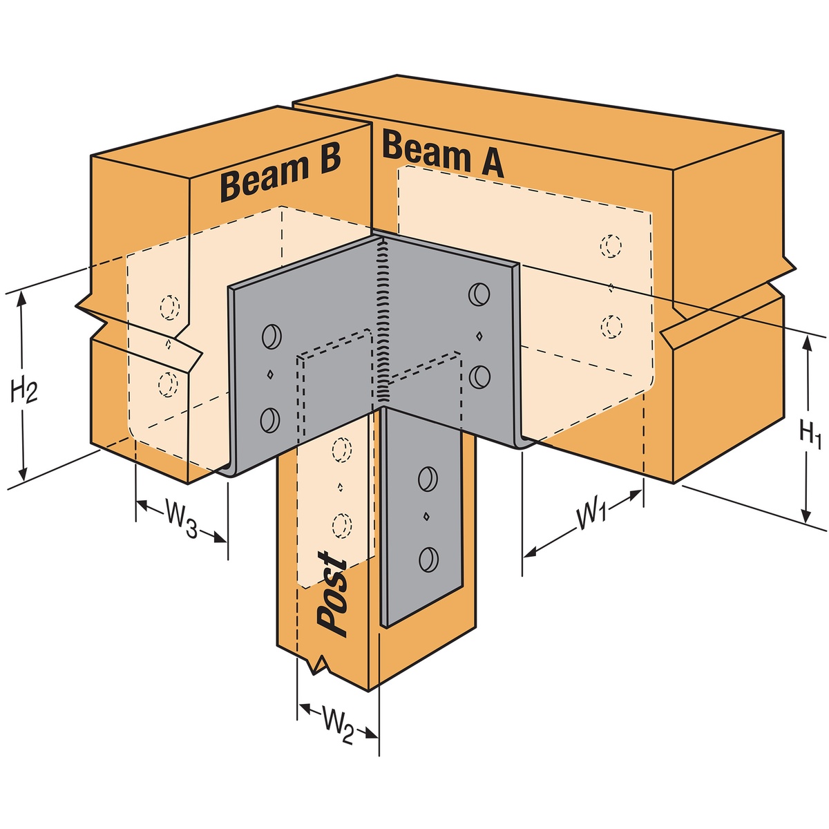 Simpson Strong-Tie ECCLR666 L-Shape End Column Cap shown in an end-of-beam wood framing layout connecting two beams to a post in an L-shaped structural application