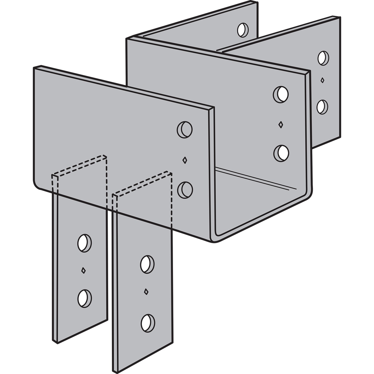 Simpson Strong-Tie ECCLR666 L-Shape End Column Cap illustration showing the right-hand bucket layout, bolt hole pattern, and post straps for structural wood connection work