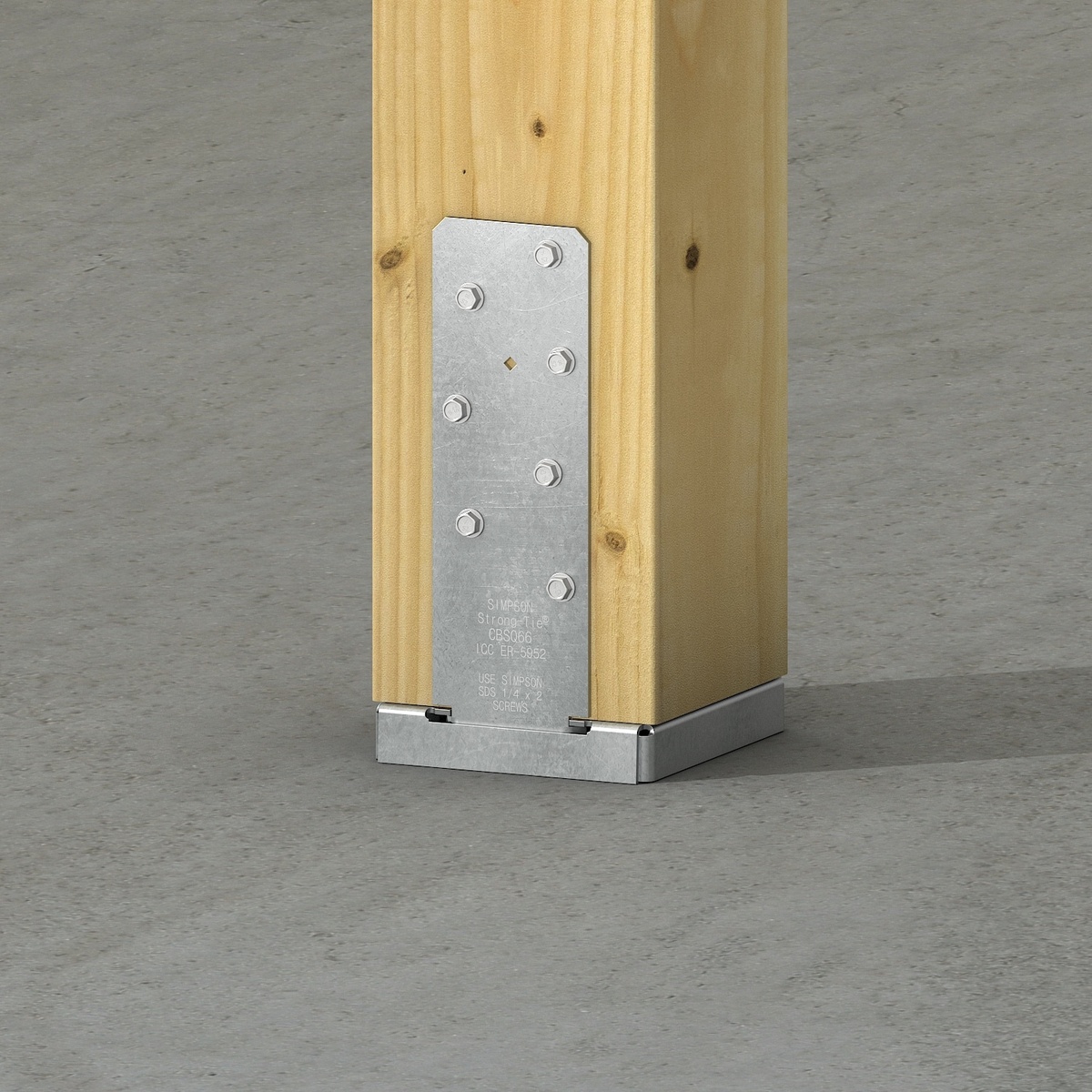 Simpson Strong-Tie CBSQ66-SDS2 column base installed on a wood post over a concrete slab for outdoor structural post support