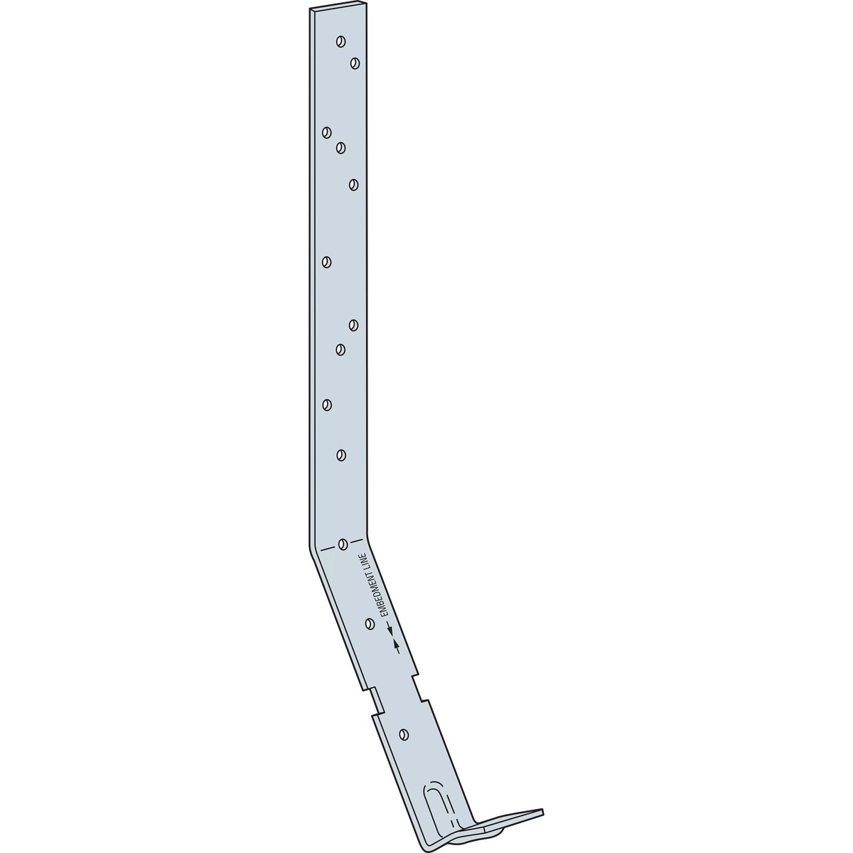 Simpson Strong-Tie HETA20 Heavy Embedded Truss Anchor illustration showing the embedment line on the bent anchor before installation into concrete for roof truss tie-down work