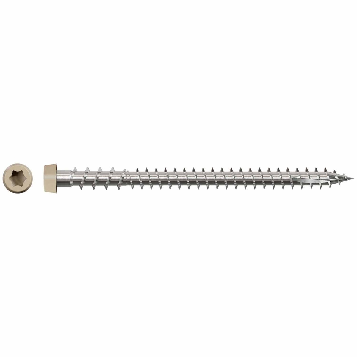 Simpson Strong-Tie DCU234S316TN02 Deck-Drive DCU Composite Collated Screw shown as a clean product close-up on a white background, highlighting the cap head, star drive recess, and pointed tip used for composite decking installation