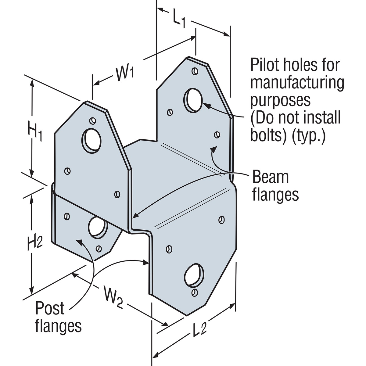 BC post cap dimensional illustration showing flange layout and key dimensions for beam-to-post framing hardware
