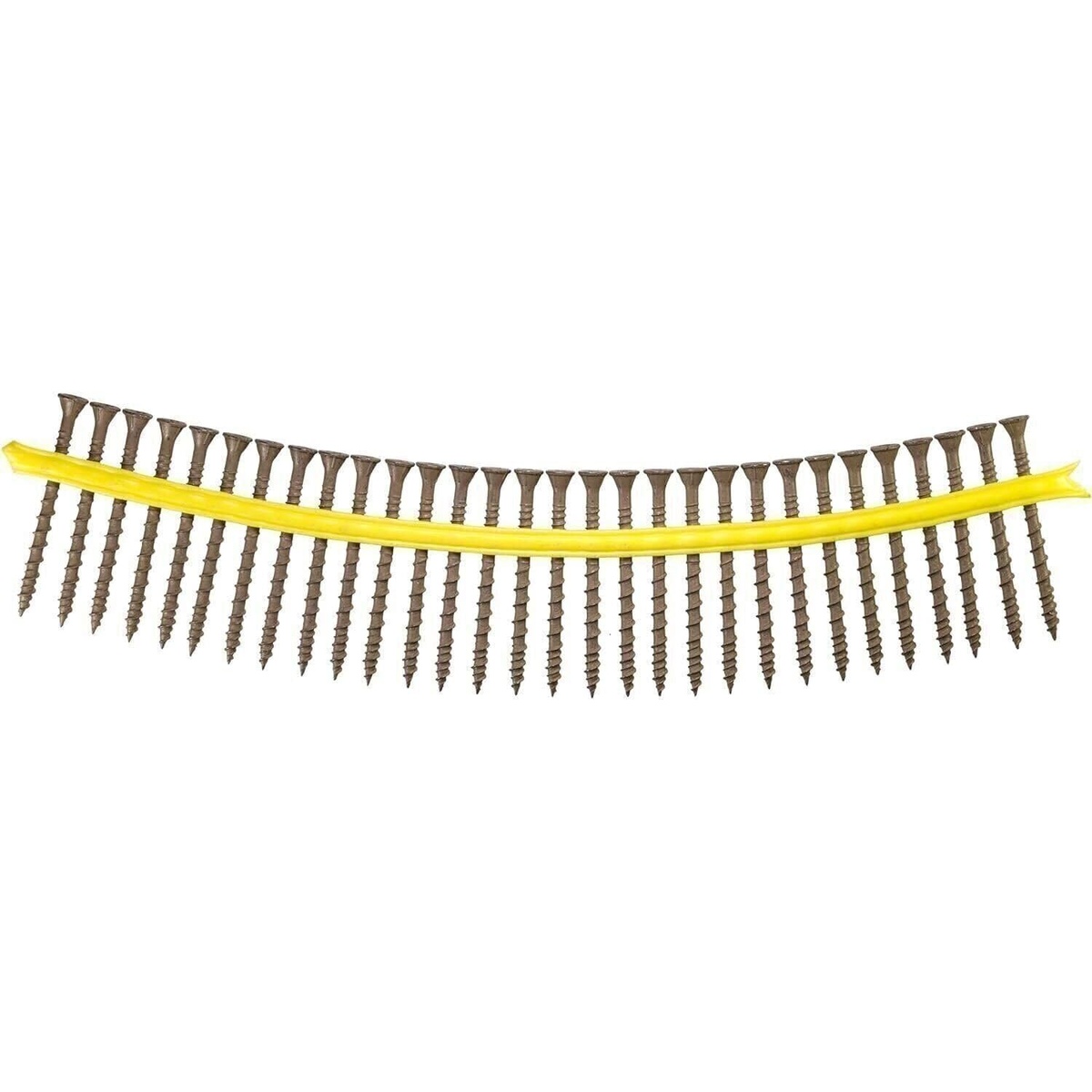Simpson Strong-Tie DSVT158S Deck-Drive DSV Wood Screw collated strip shown as a connected row of tan exterior wood screws for Quik Drive deck fastening on wood decking jobs
