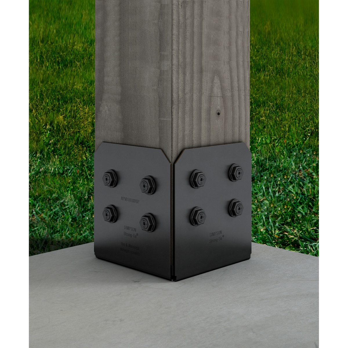 Outdoor Accents side plates installed around a post base on concrete to create a finished decorative wood post connection for an outdoor structure