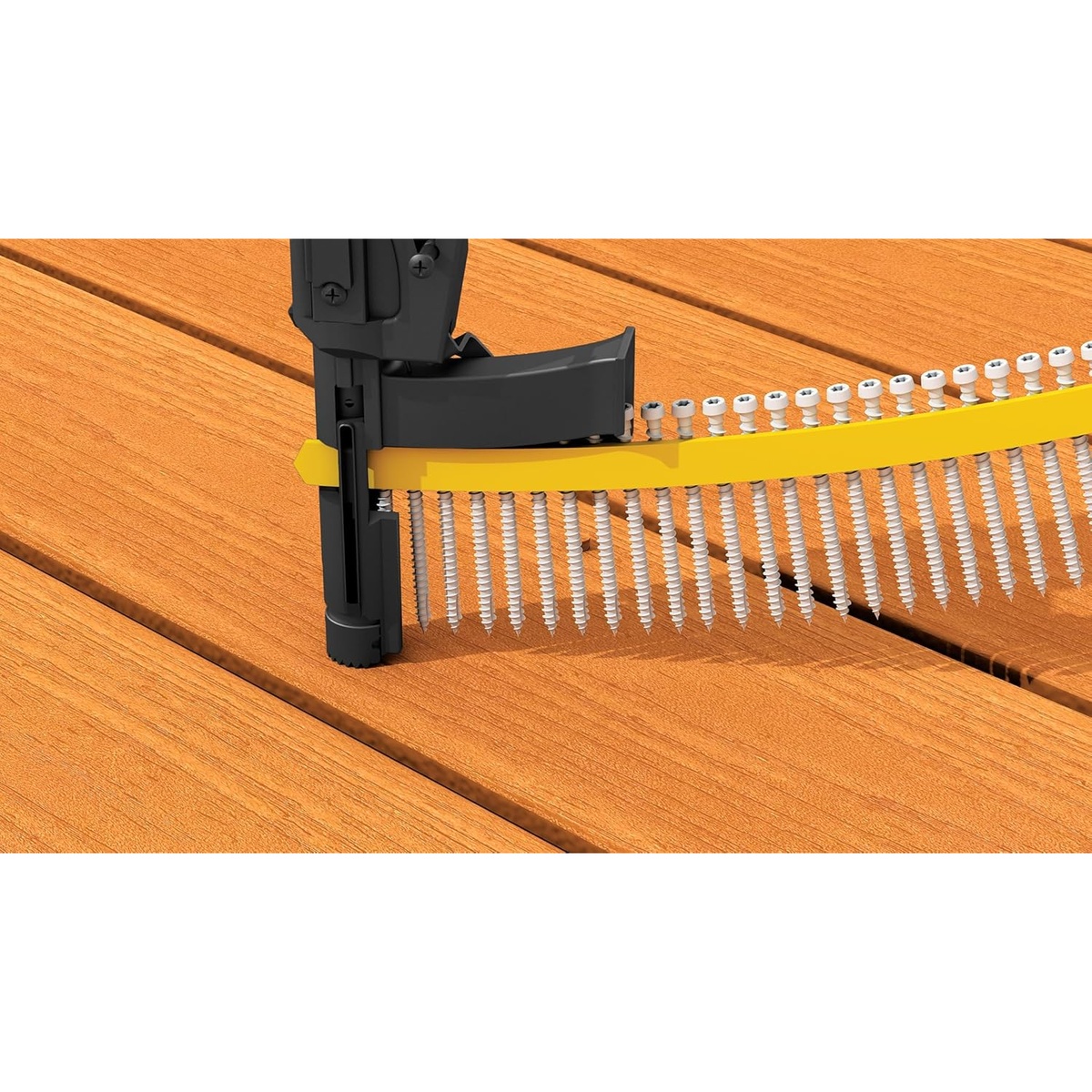 Simpson Strong-Tie QDPRO300SG2 Quik Drive PRO300SG2 Decking Attachment driving collated screws into deck boards during decking installation