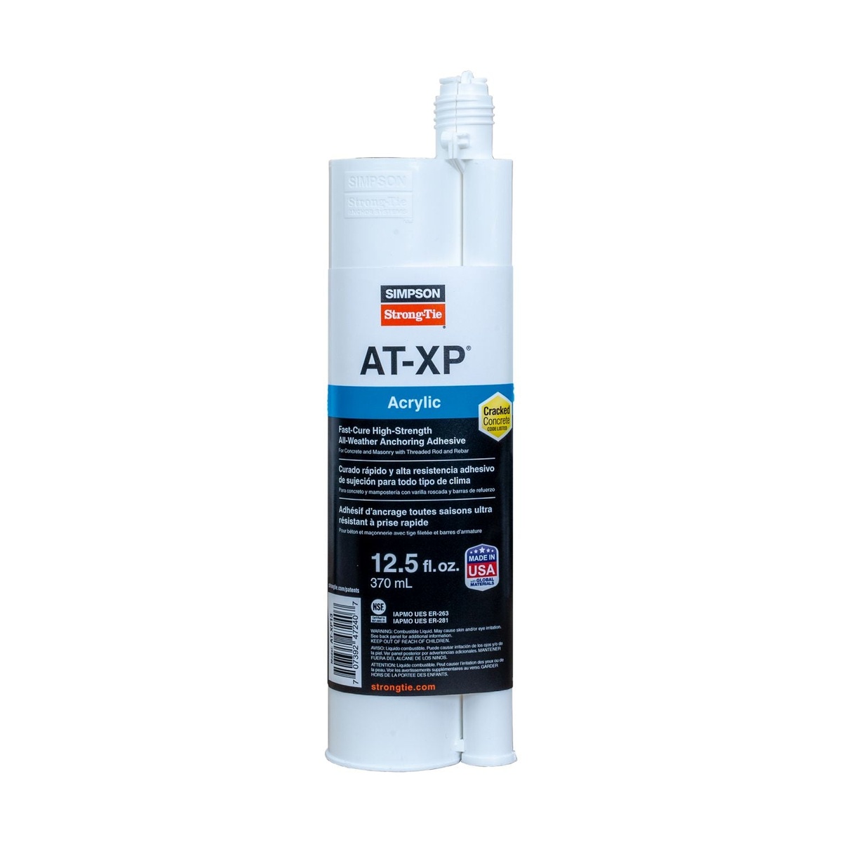Simpson Strong-Tie AT-XP 12.5-oz. High-Strength Acrylic Anchoring Adhesive Cartridge w/ Nozzle shown as a side-by-side cartridge for concrete and masonry anchoring on structural fastening jobs