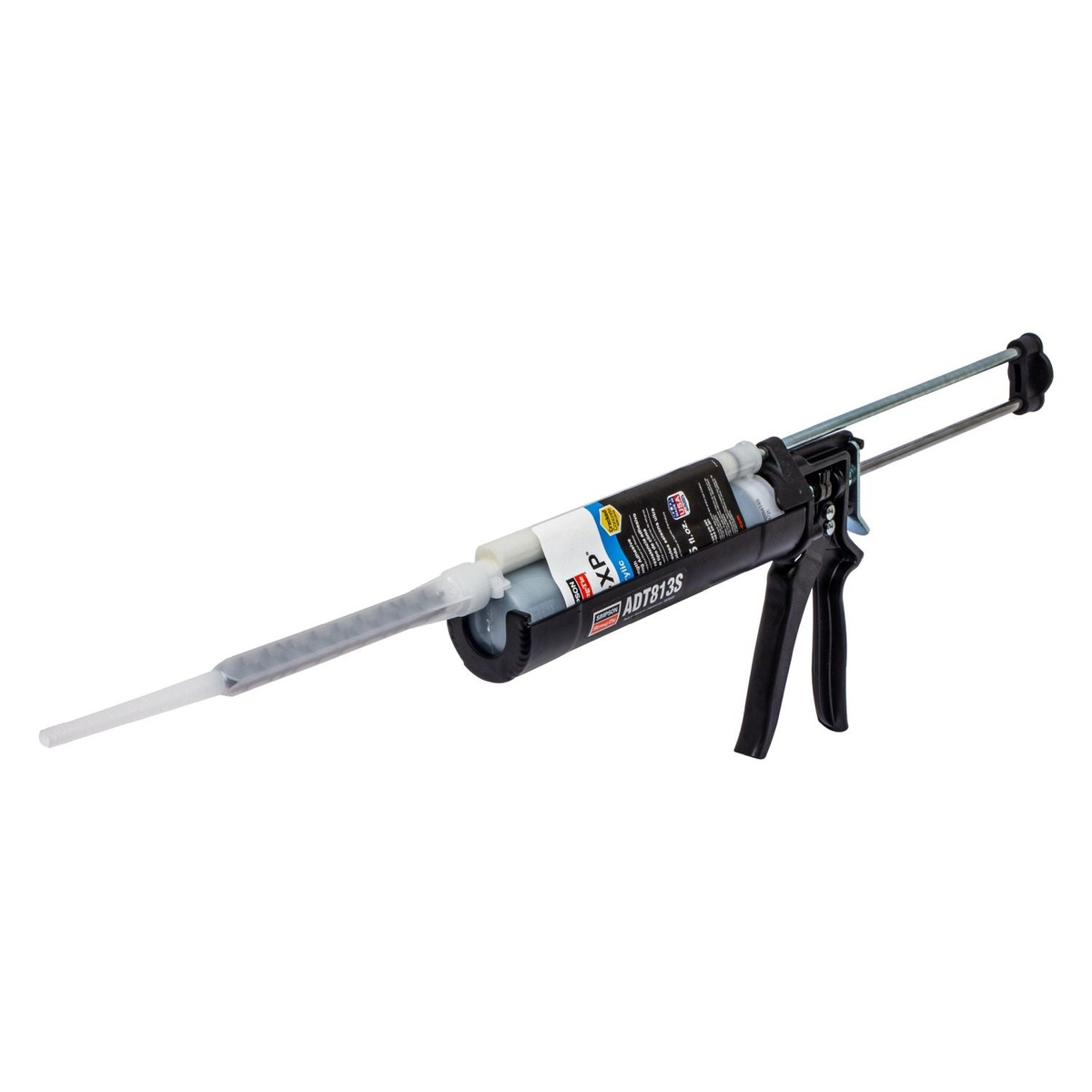Simpson Strong-Tie AT-XP 12.5-oz. High-Strength Acrylic Anchoring Adhesive Cartridge w/ Nozzle loaded in a dispensing tool for installing adhesive anchors in concrete and masonry
