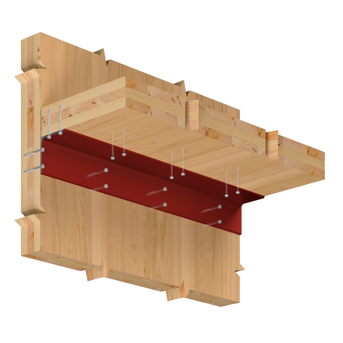 Simpson Strong-Tie SDHR31400 Strong-Drive SDHR Combo-Head Screw installed through a red steel side plate into cross-laminated timber in a mass timber connection