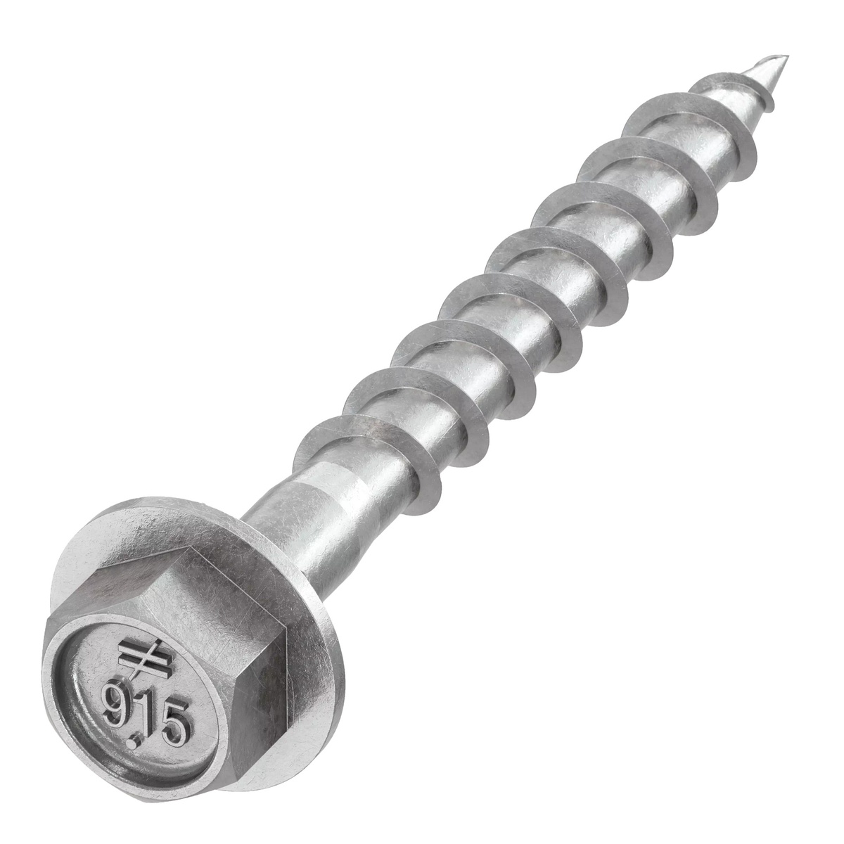 Close-up of the Simpson Strong-Tie SD9112SS-R500 Strong-Drive SD Connector SS Screw hex head and integrated washer showing stamped identification markings